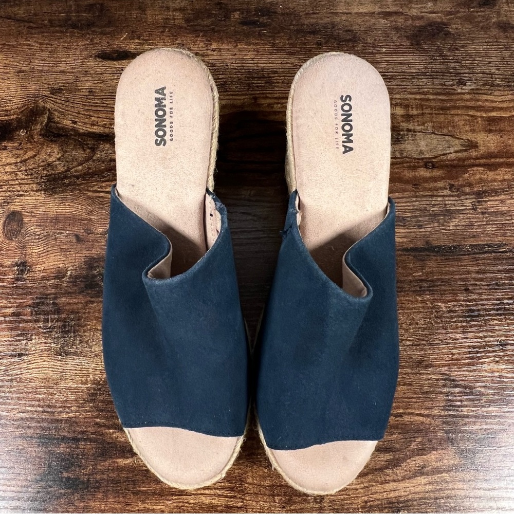 Sonoma Espadrille Wedge Leather Slide Sandals Blue Peep Toe Casual Women's 7.5 - Picture 4 of 10